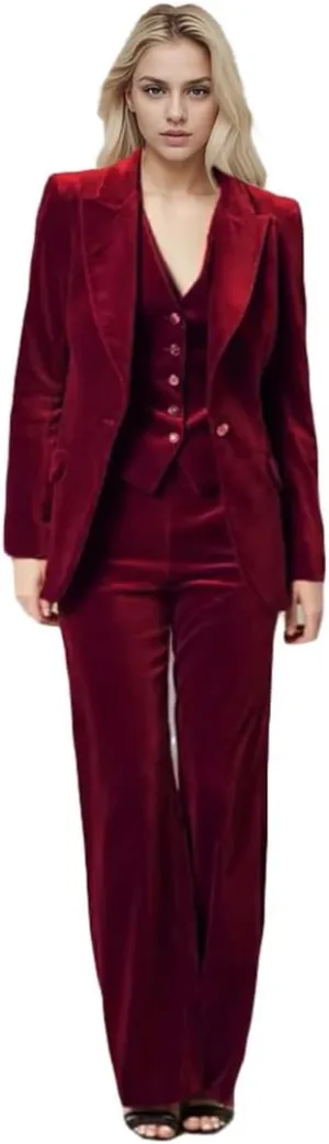 3 PC Womens Velvet Pant Suit - Peak Lapel Business Blazer Vest Pants for Prom Office Work