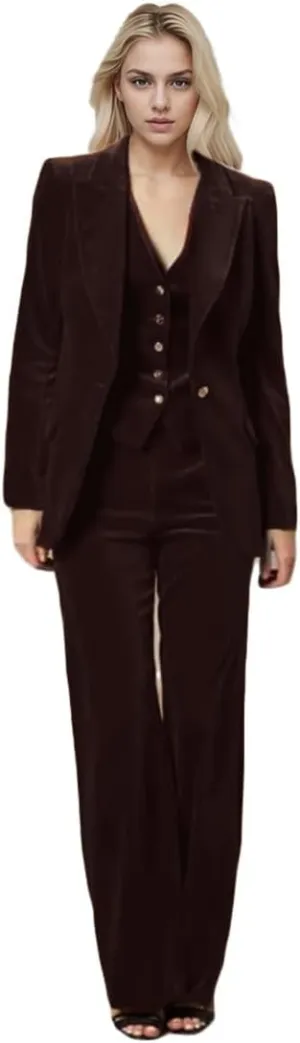 3 PC Womens Velvet Pant Suit - Peak Lapel Business Blazer Vest Pants for Prom Office Work