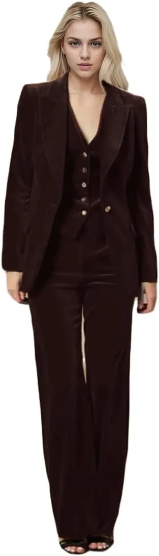 3 PC Womens Velvet Pant Suit - Peak Lapel Business Blazer Vest Pants for Prom Office Work