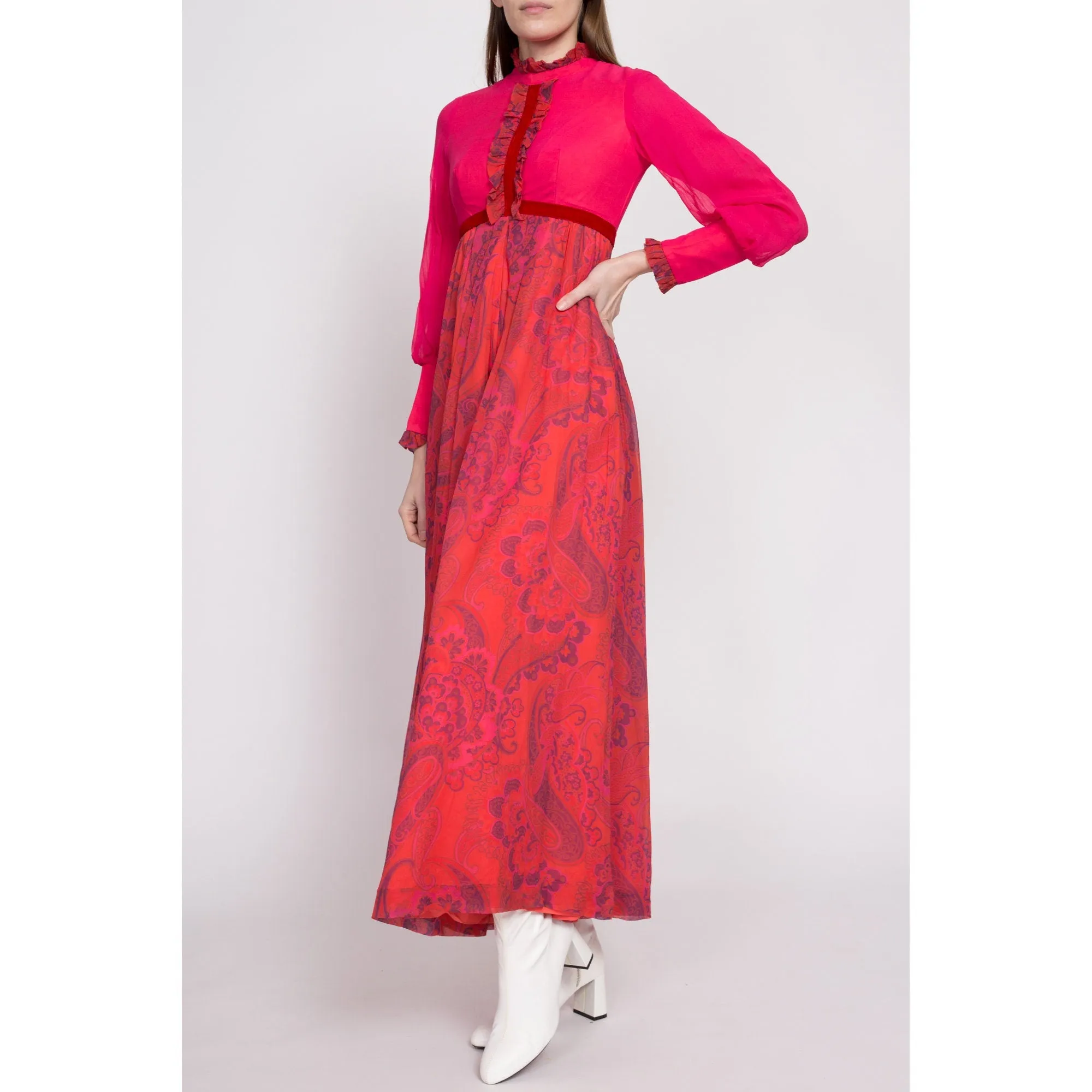 60s Hot Pink Floral & Paisley Palazzo Jumpsuit - Extra Small
