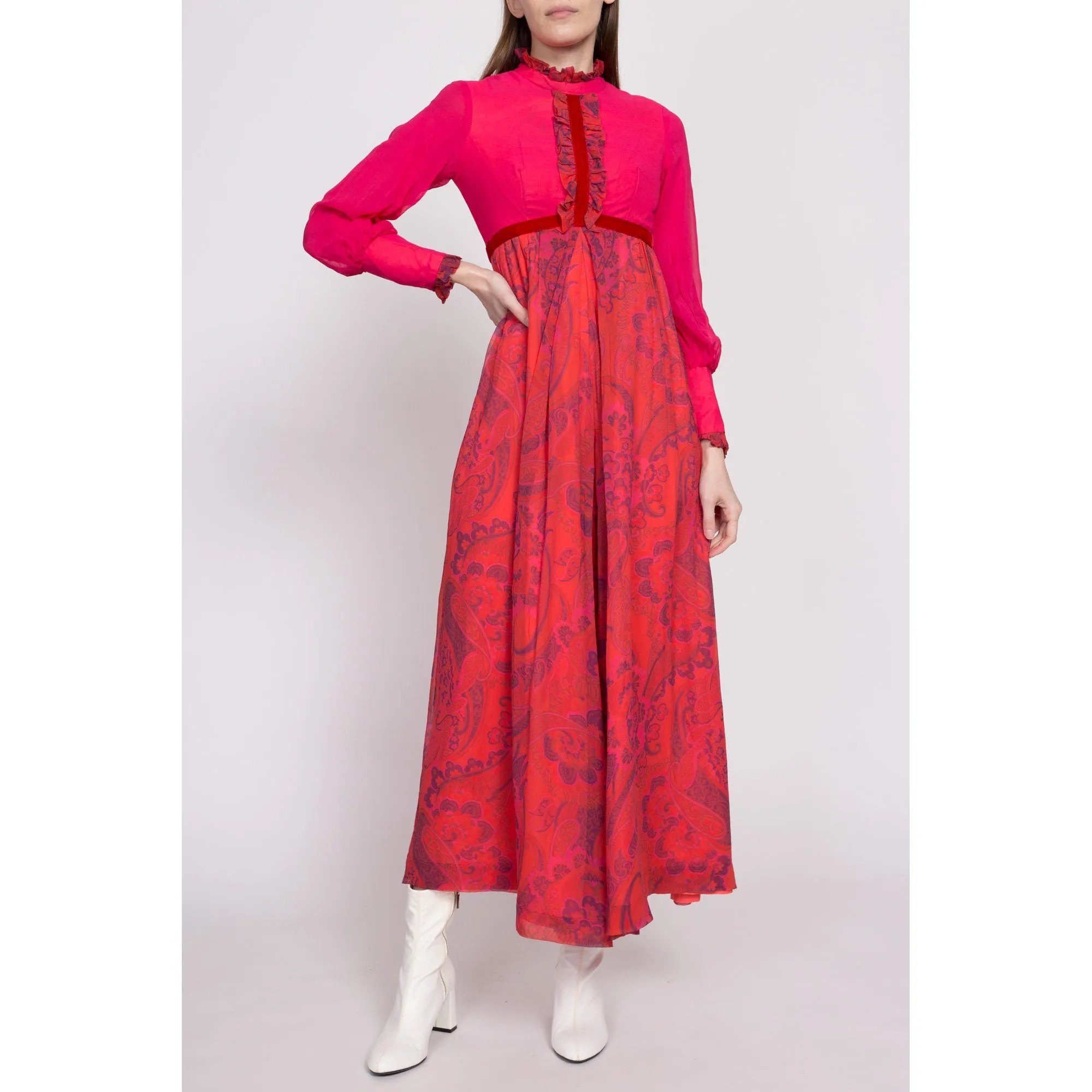 60s Hot Pink Floral & Paisley Palazzo Jumpsuit - Extra Small