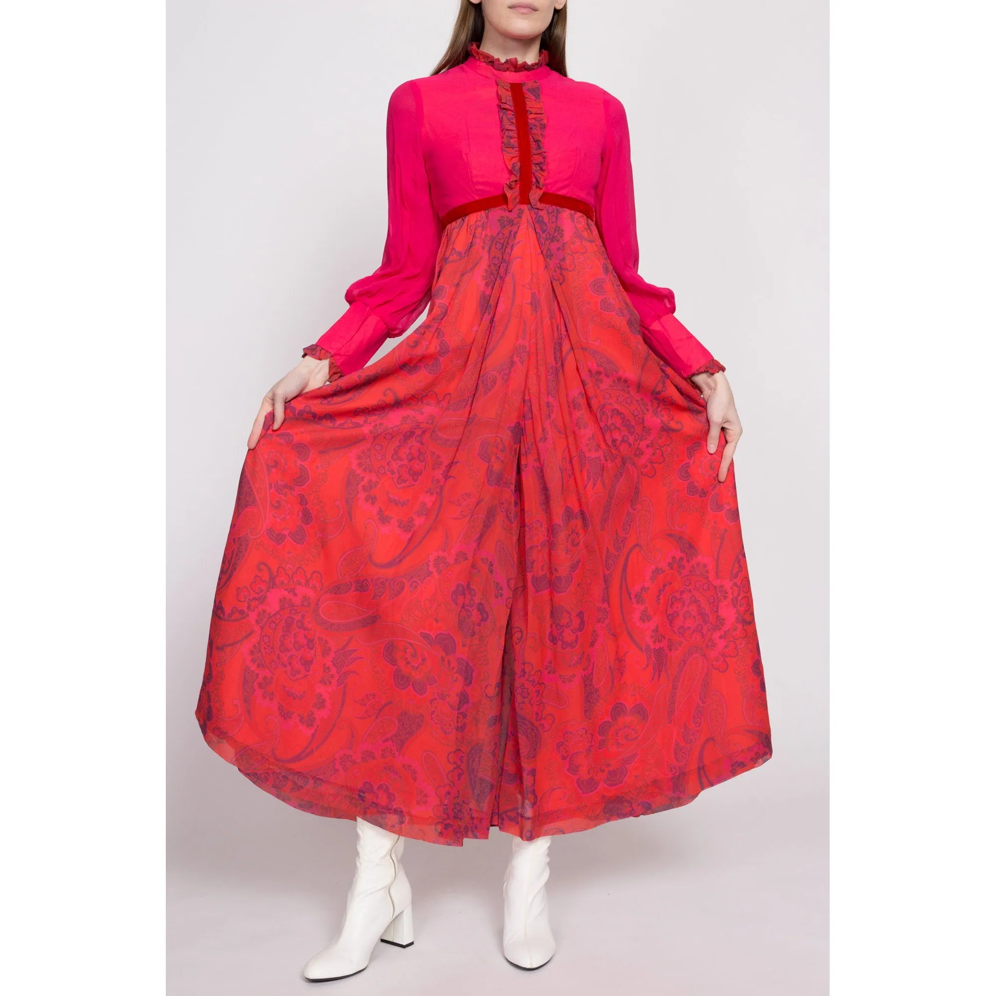 60s Hot Pink Floral & Paisley Palazzo Jumpsuit - Extra Small