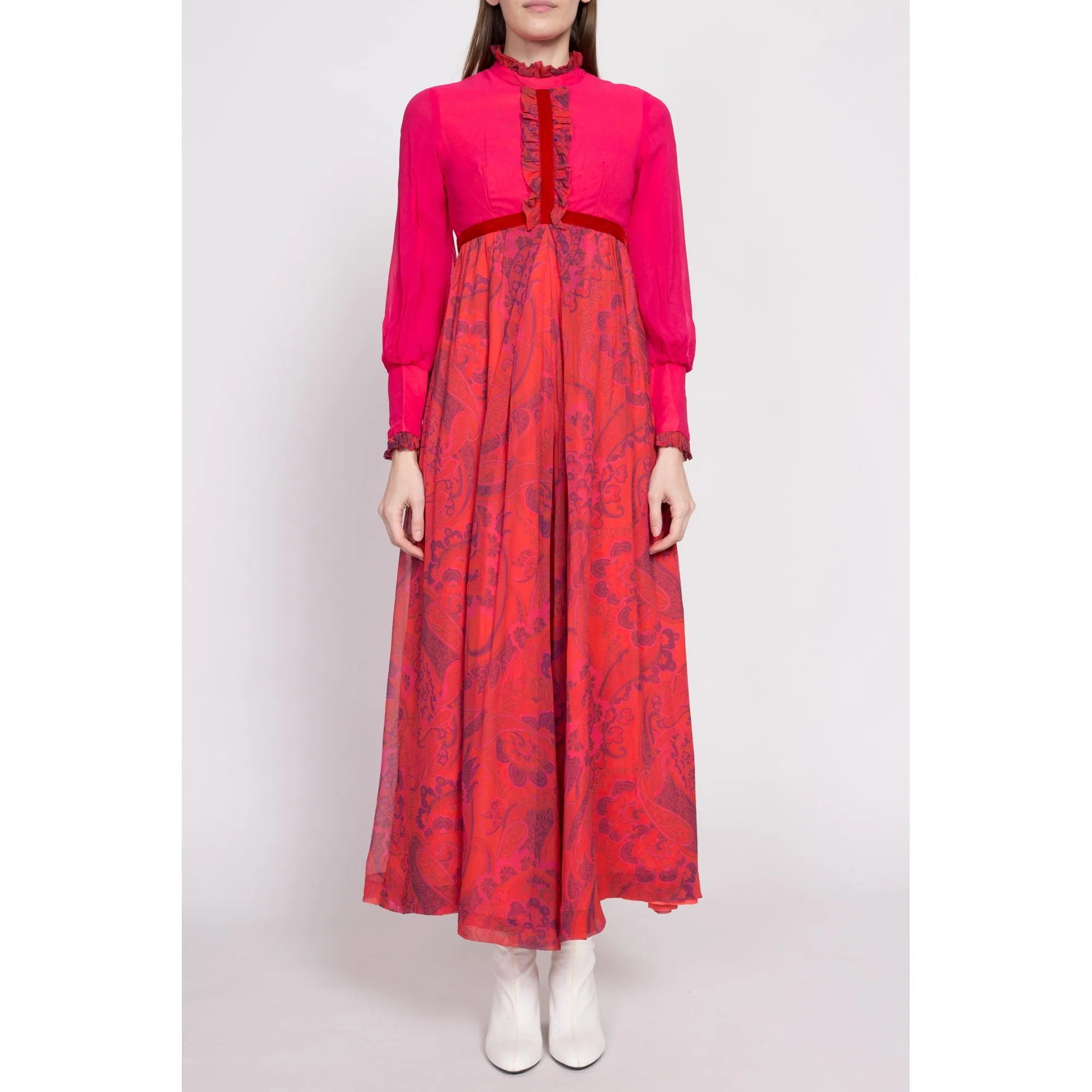 60s Hot Pink Floral & Paisley Palazzo Jumpsuit - Extra Small