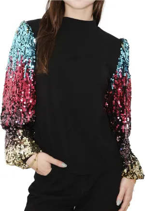 Anna-Kaci Women's Confetti Sequin Balloon Long Sleeve Mock Neck Pullover Sweatshirt
