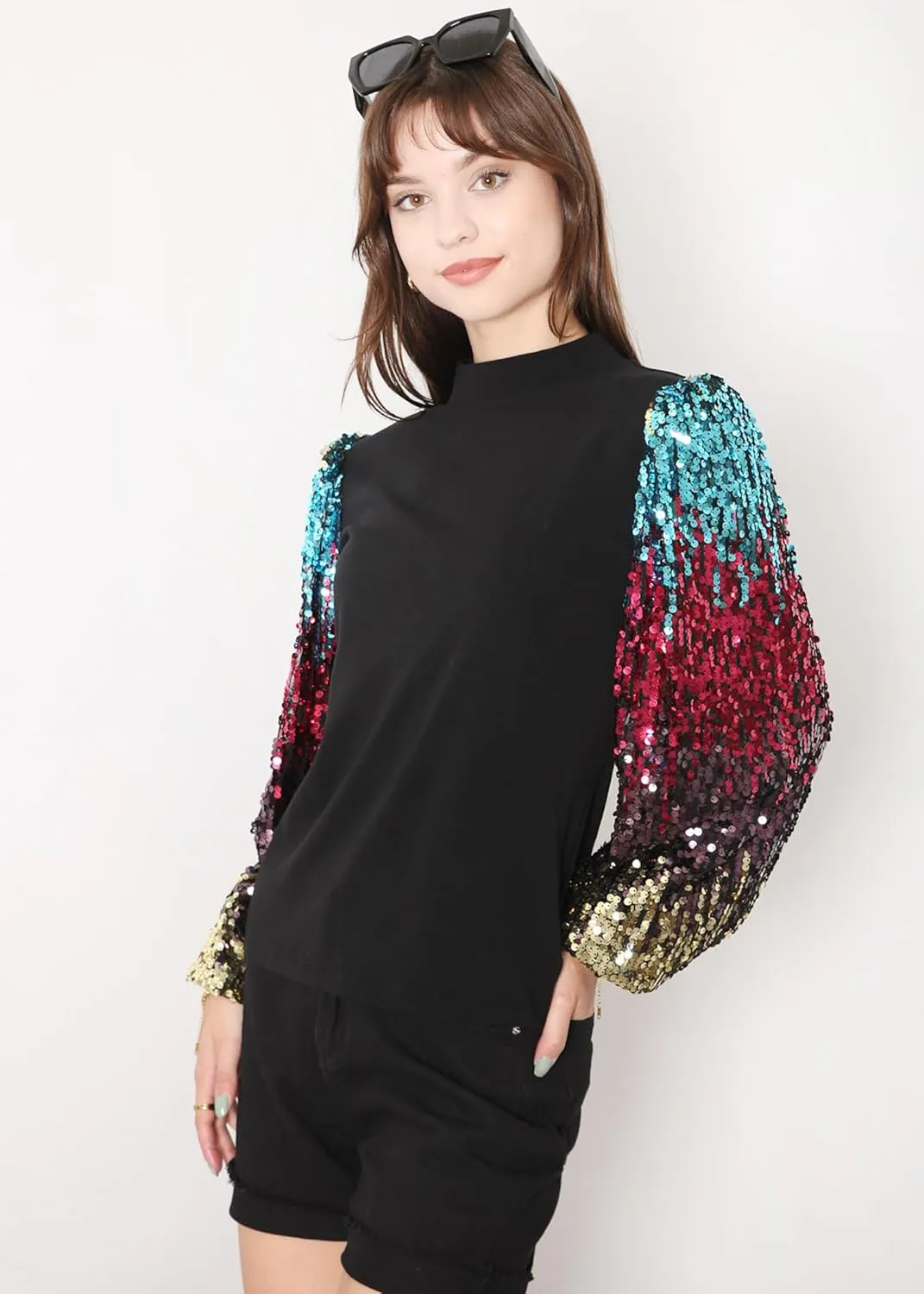 Anna-Kaci Women's Confetti Sequin Balloon Long Sleeve Mock Neck Pullover Sweatshirt