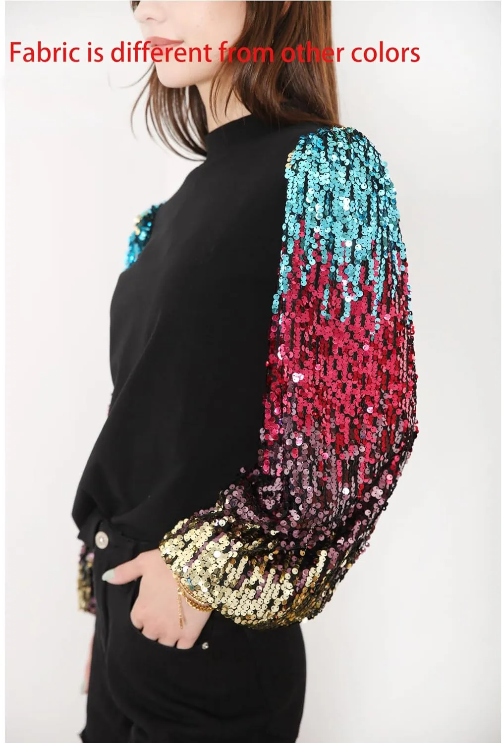 Anna-Kaci Women's Confetti Sequin Balloon Long Sleeve Mock Neck Pullover Sweatshirt