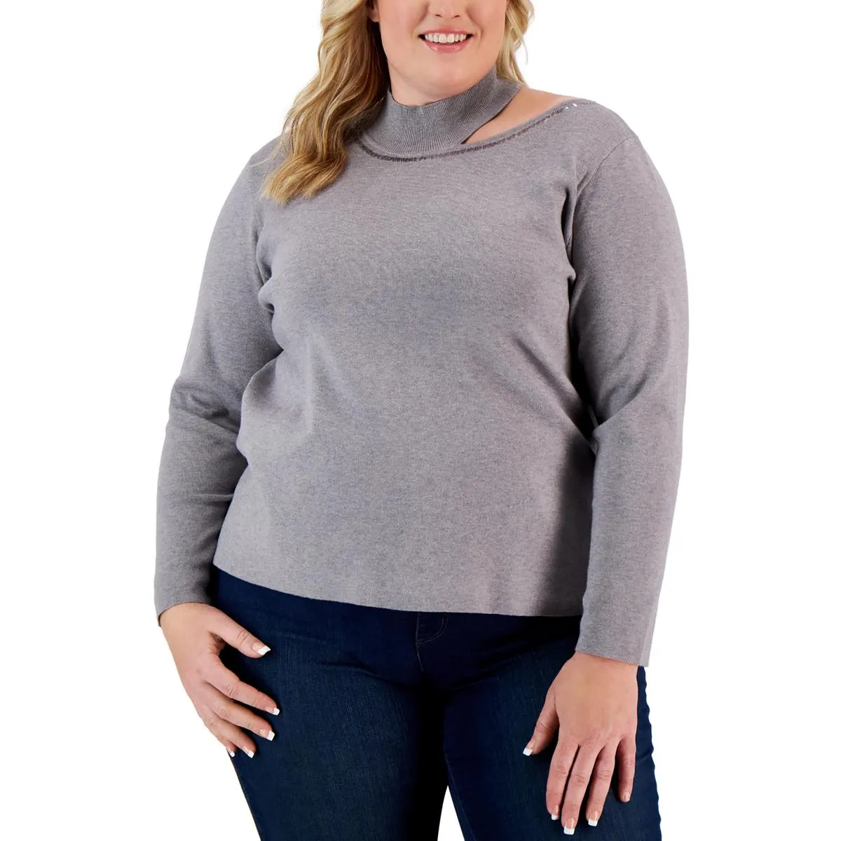 Calvin Klein Womens Plus Sequined Mock Neck Pullover Sweater