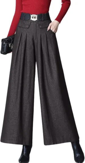 chouyatou Women's Casual Wide Leg Wool Blend Pants Baggy Culotte High Waisted Pleated Loose Long Trousers