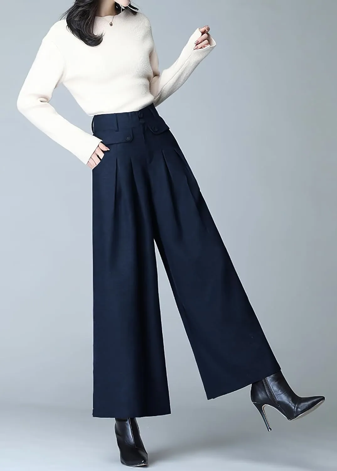 chouyatou Women's Casual Wide Leg Wool Blend Pants Baggy Culotte High Waisted Pleated Loose Long Trousers