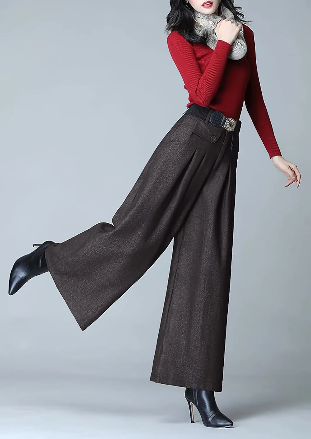 chouyatou Women's Casual Wide Leg Wool Blend Pants Baggy Culotte High Waisted Pleated Loose Long Trousers