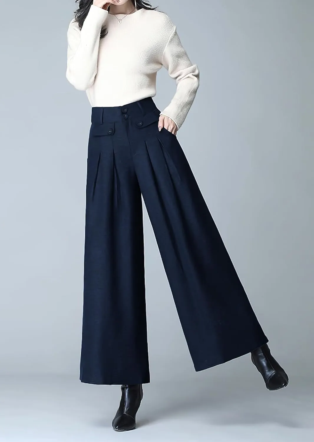 chouyatou Women's Casual Wide Leg Wool Blend Pants Baggy Culotte High Waisted Pleated Loose Long Trousers
