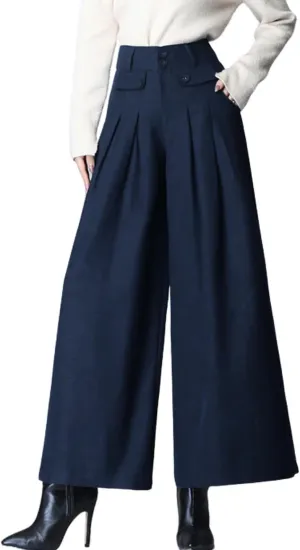 chouyatou Women's Casual Wide Leg Wool Blend Pants Baggy Culotte High Waisted Pleated Loose Long Trousers