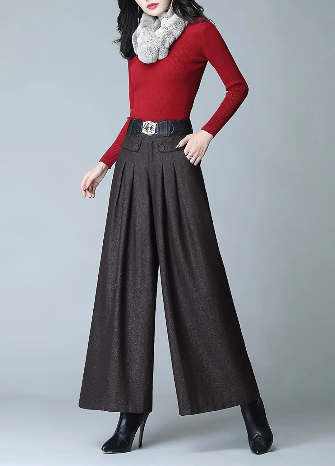 chouyatou Women's Casual Wide Leg Wool Blend Pants Baggy Culotte High Waisted Pleated Loose Long Trousers