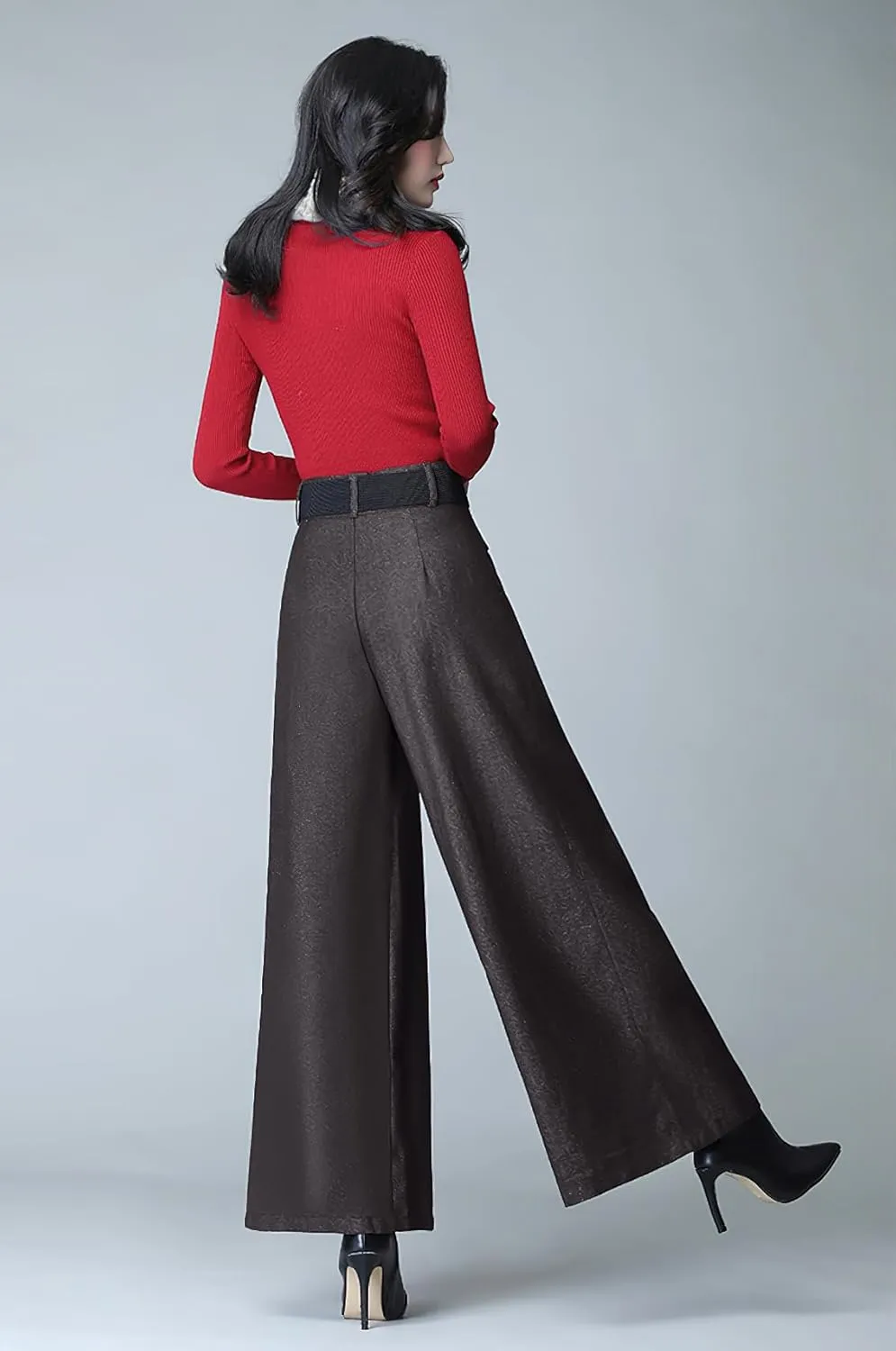 chouyatou Women's Casual Wide Leg Wool Blend Pants Baggy Culotte High Waisted Pleated Loose Long Trousers