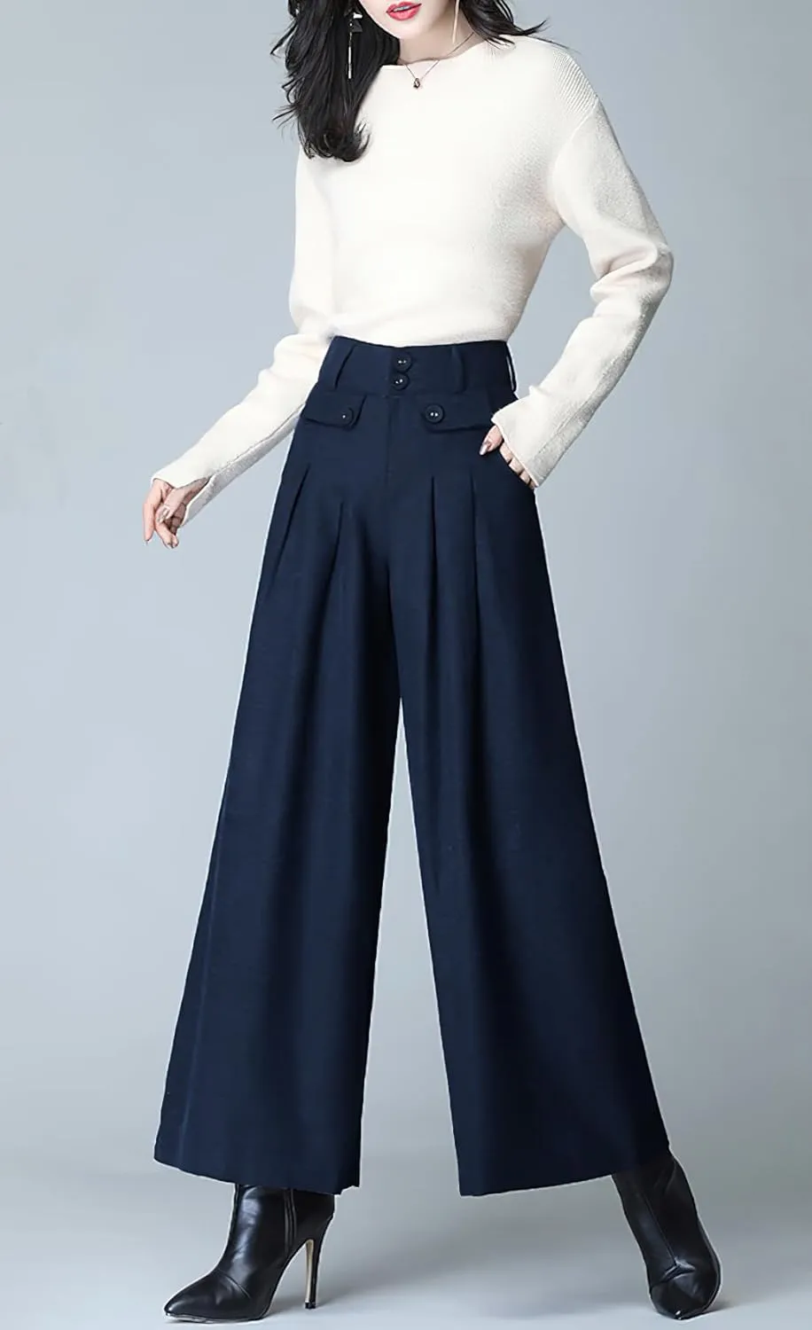 chouyatou Women's Casual Wide Leg Wool Blend Pants Baggy Culotte High Waisted Pleated Loose Long Trousers