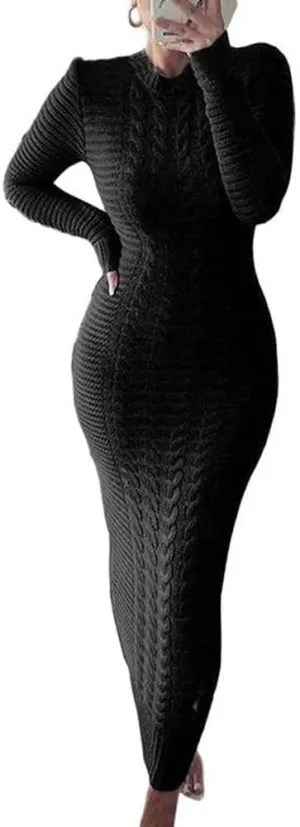 chouyatou Women's Sexy Crewneck Long Sleeve Cable Knit Bodycon Maxi Pullover Sweater Dress
