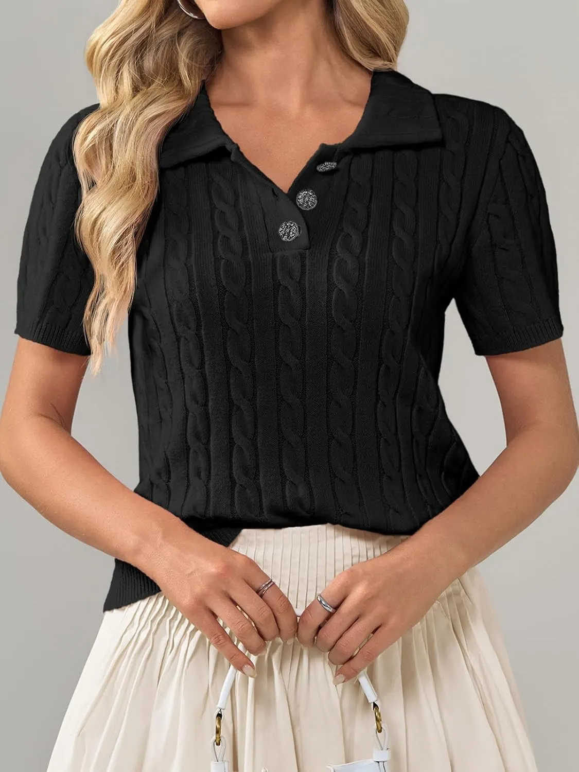 Imily Bela Womens Short Sleeve Sweater Business Casual Polo V Neck Shirts Lightweight Cable Knit Pullover Summer Tops
