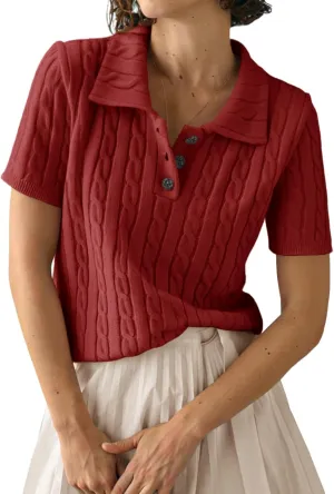 Imily Bela Womens Short Sleeve Sweater Business Casual Polo V Neck Shirts Lightweight Cable Knit Pullover Summer Tops