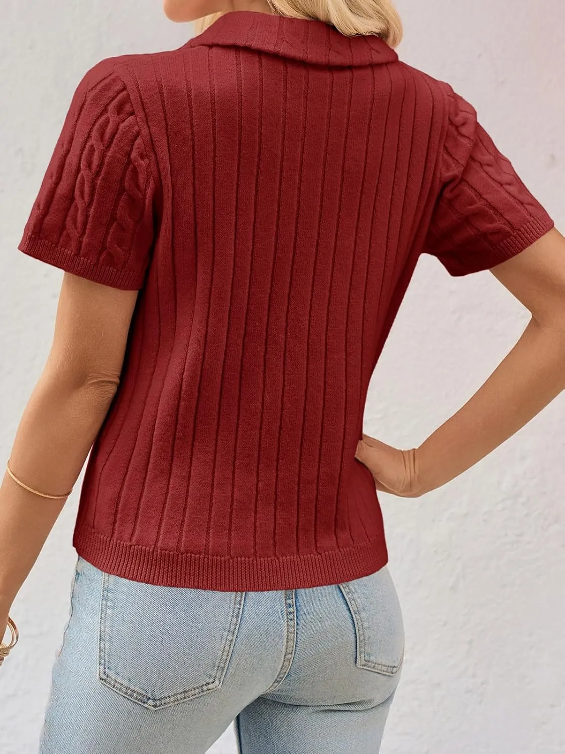 Imily Bela Womens Short Sleeve Sweater Business Casual Polo V Neck Shirts Lightweight Cable Knit Pullover Summer Tops