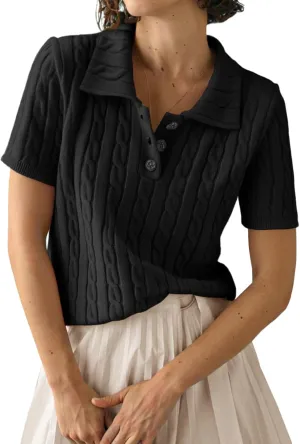 Imily Bela Womens Short Sleeve Sweater Business Casual Polo V Neck Shirts Lightweight Cable Knit Pullover Summer Tops