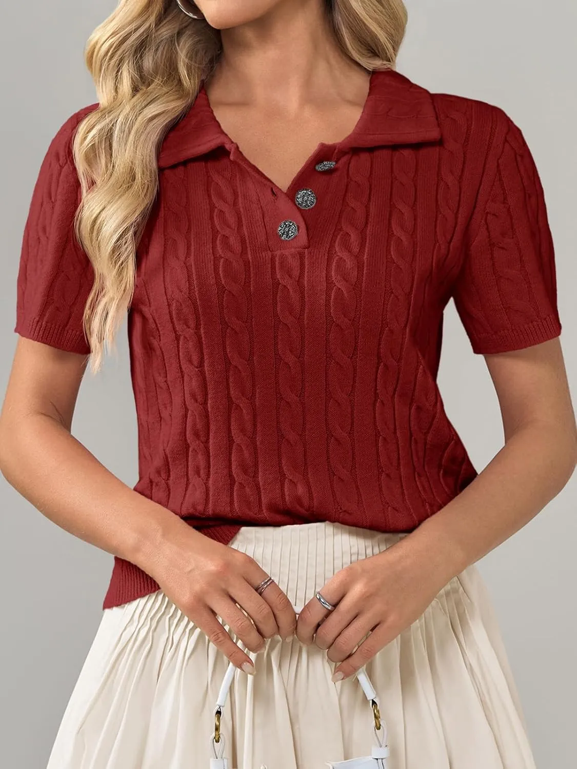 Imily Bela Womens Short Sleeve Sweater Business Casual Polo V Neck Shirts Lightweight Cable Knit Pullover Summer Tops