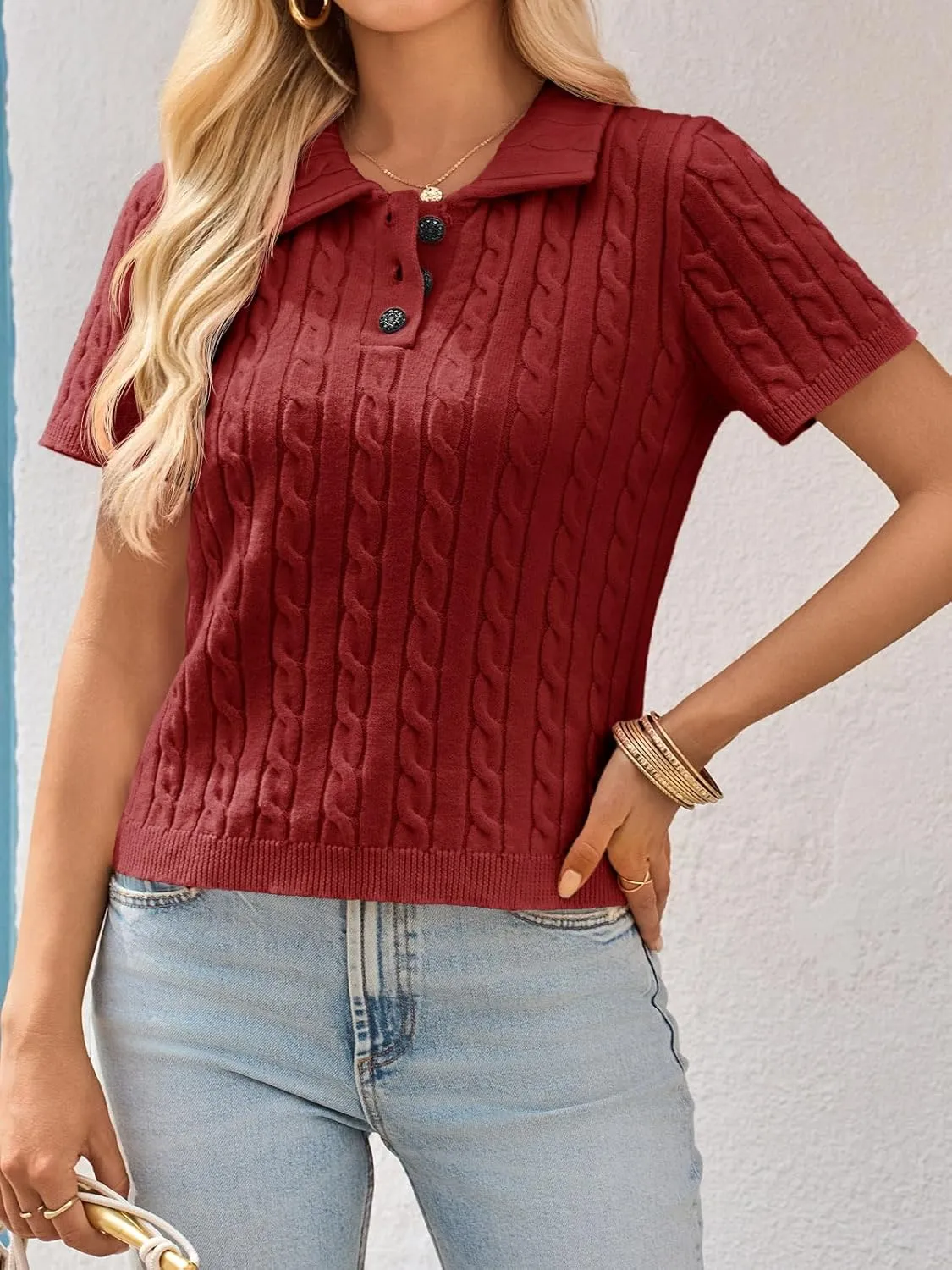 Imily Bela Womens Short Sleeve Sweater Business Casual Polo V Neck Shirts Lightweight Cable Knit Pullover Summer Tops