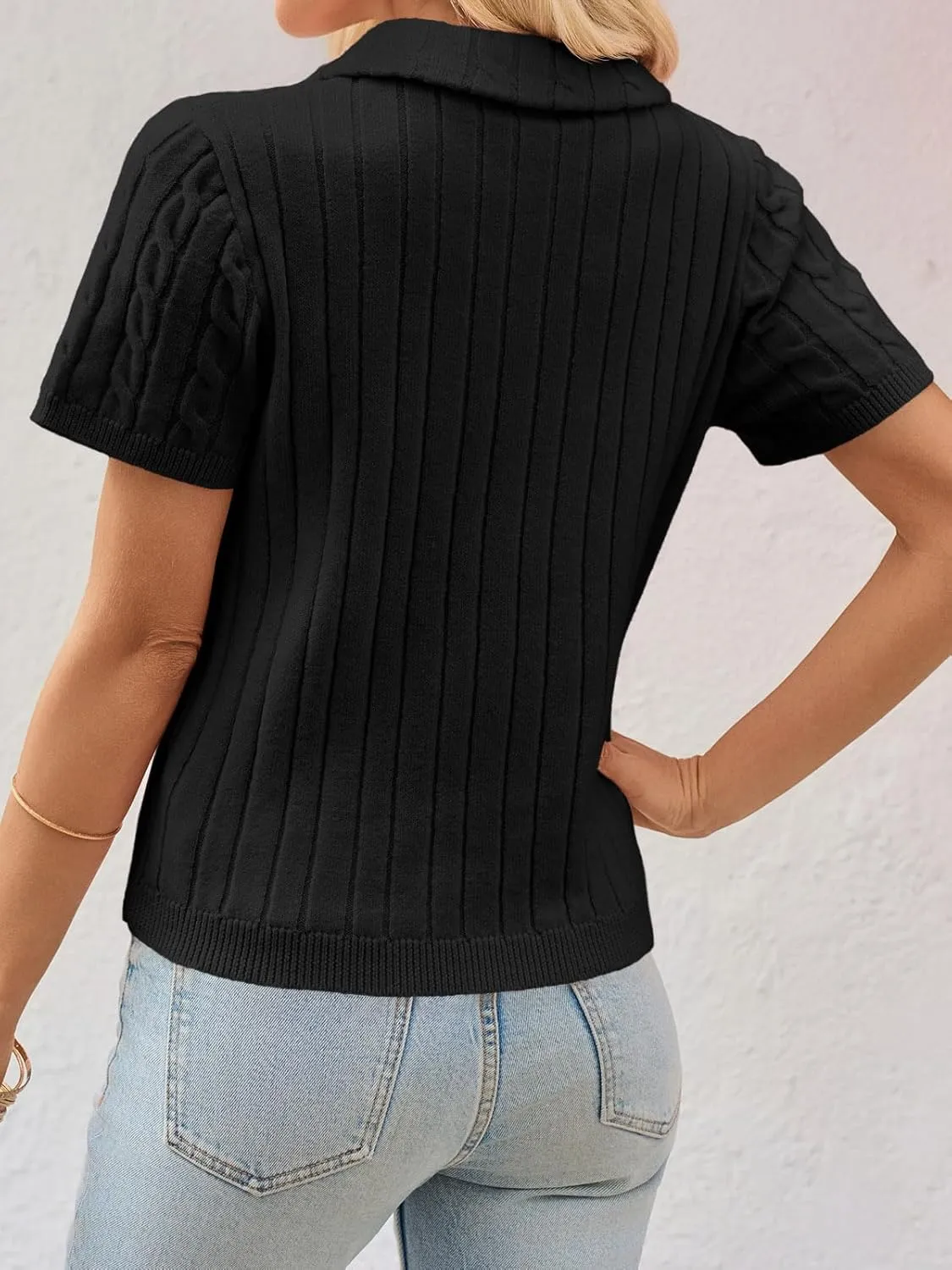 Imily Bela Womens Short Sleeve Sweater Business Casual Polo V Neck Shirts Lightweight Cable Knit Pullover Summer Tops