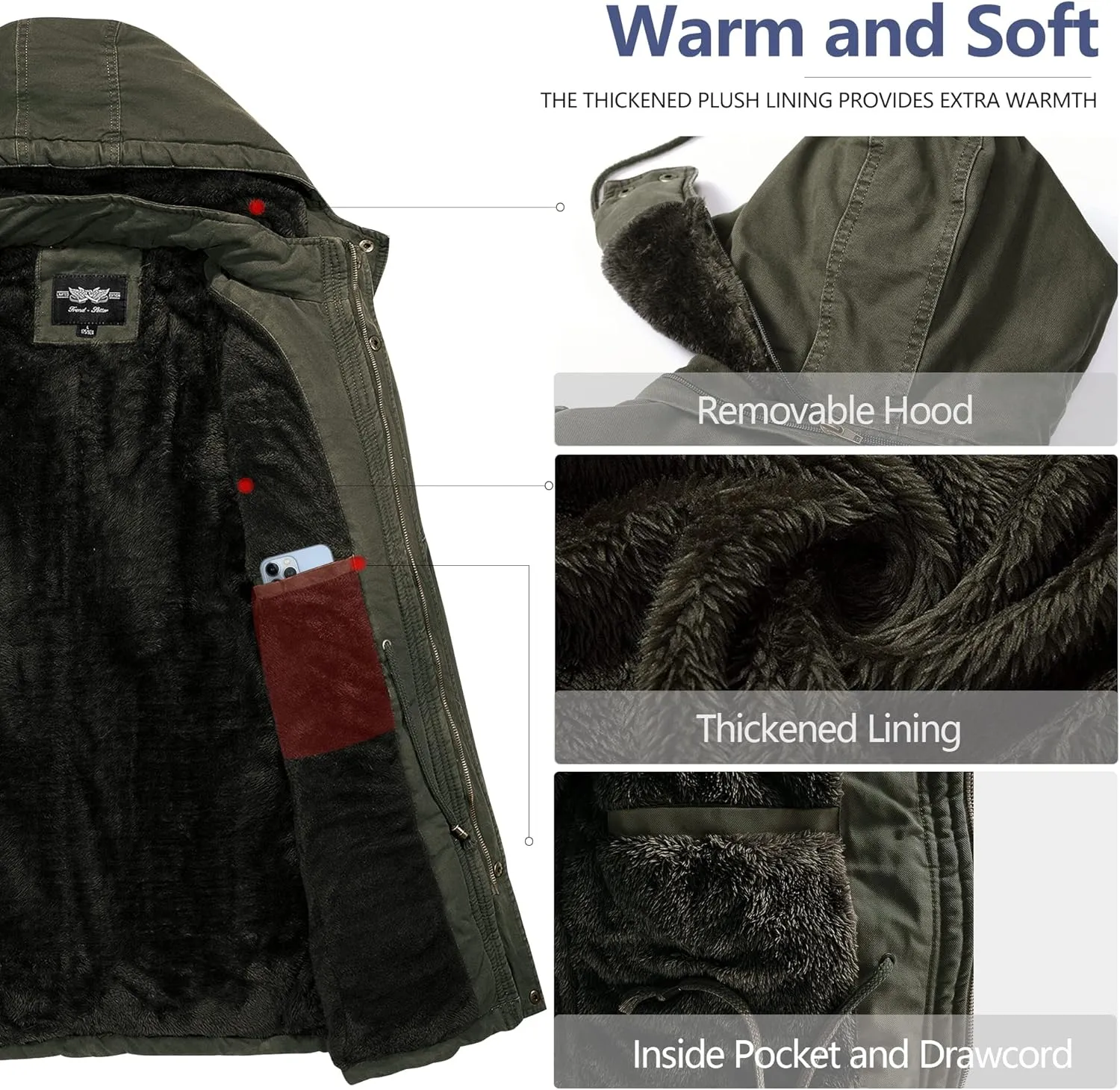 JYG Men's Winter Thicken Coat Casual Military Parka Jacket with Removable Hood