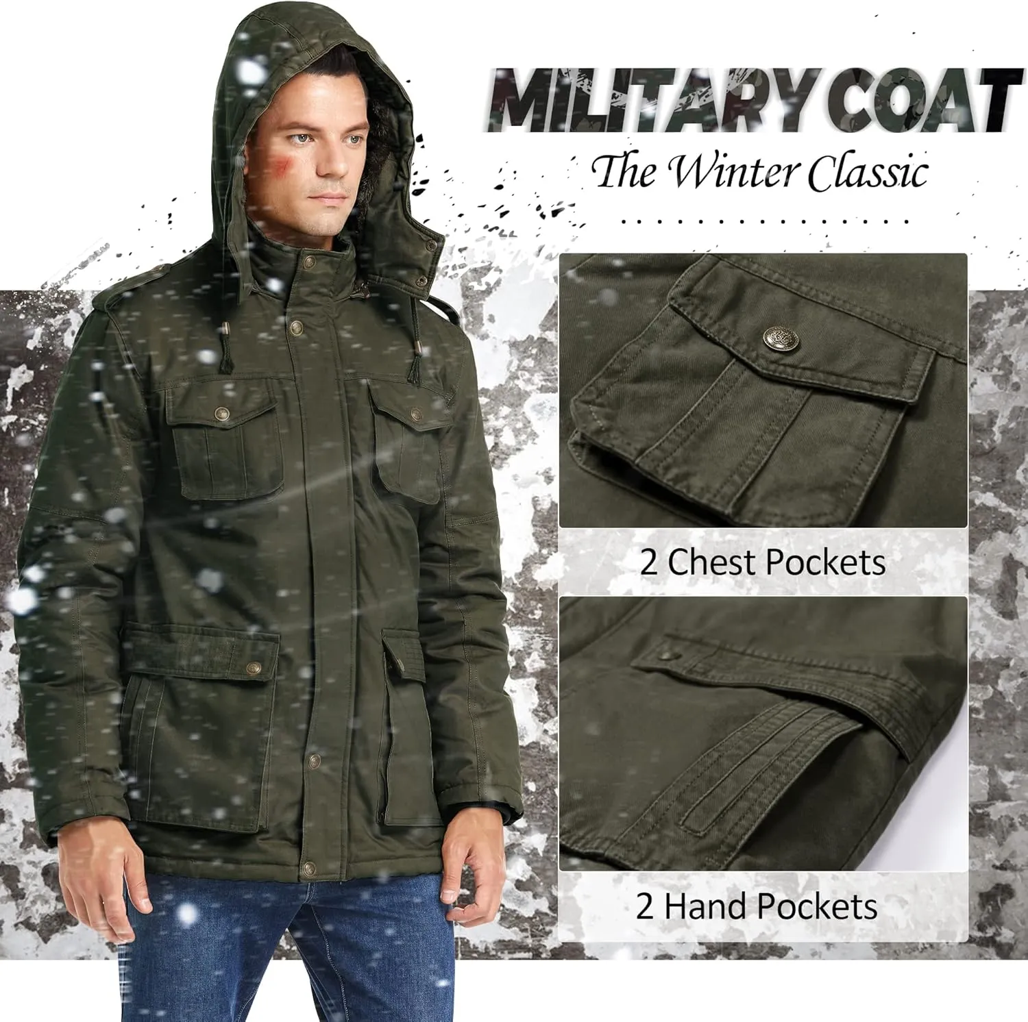 JYG Men's Winter Thicken Coat Casual Military Parka Jacket with Removable Hood