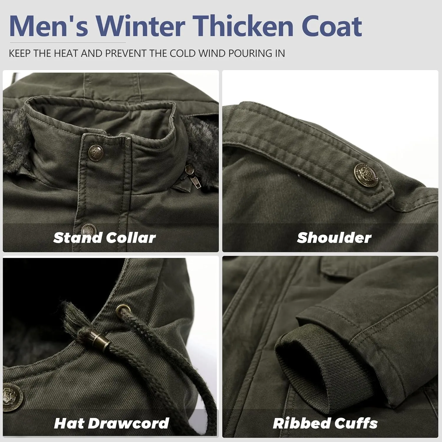 JYG Men's Winter Thicken Coat Casual Military Parka Jacket with Removable Hood