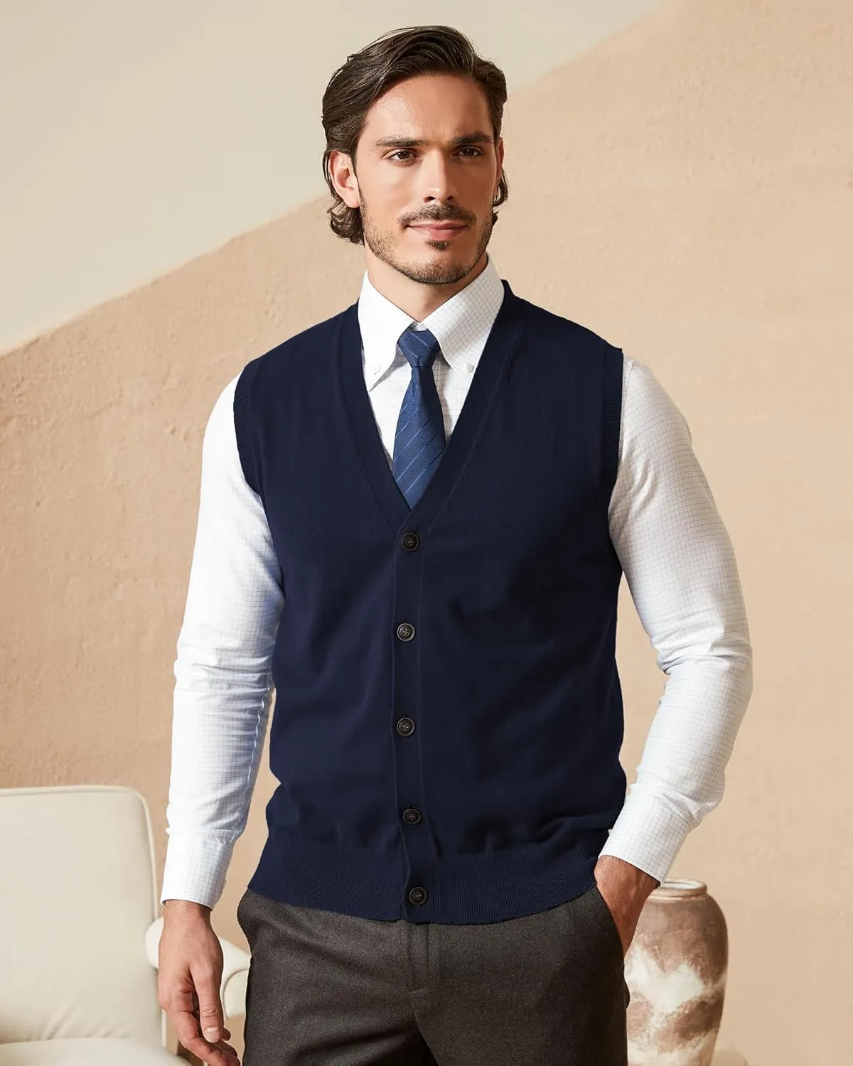 Kallspin Mens Button Down Sweater Vest Lightweight Knitted Pure Cotton V-Neck Sleeveless Cardigans