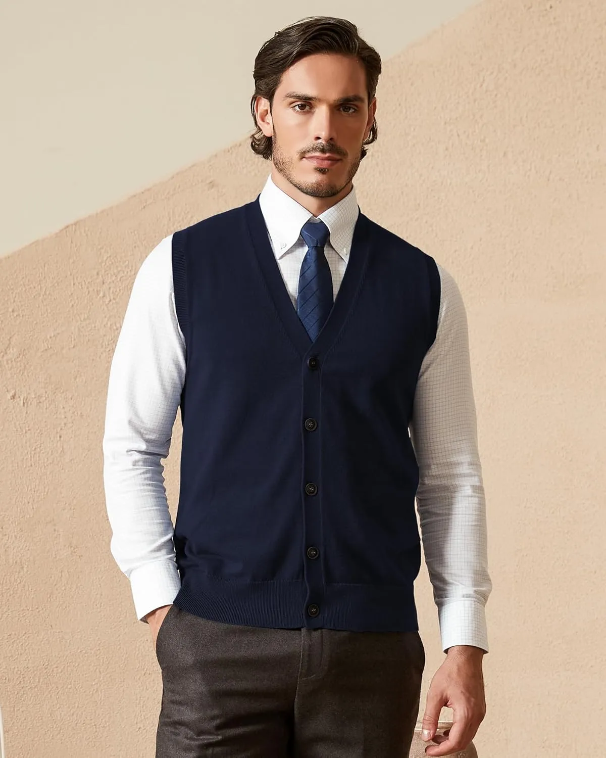 Kallspin Mens Button Down Sweater Vest Lightweight Knitted Pure Cotton V-Neck Sleeveless Cardigans