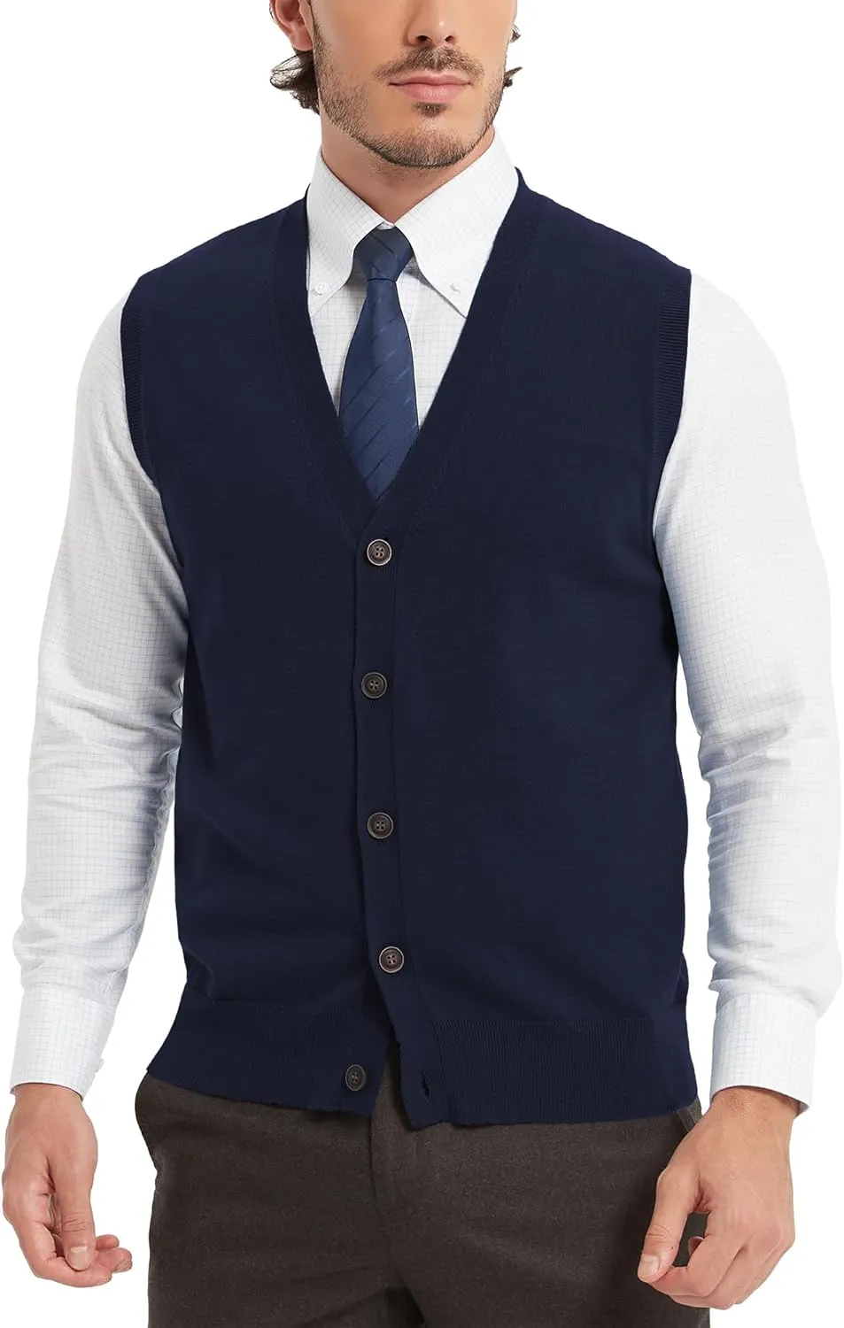 Kallspin Mens Button Down Sweater Vest Lightweight Knitted Pure Cotton V-Neck Sleeveless Cardigans