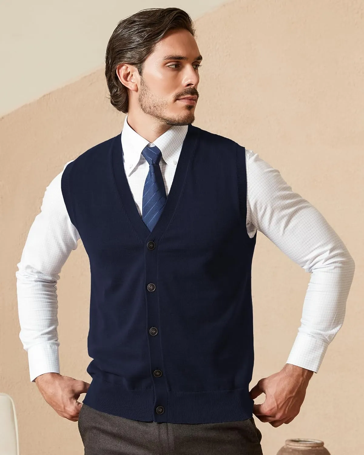 Kallspin Mens Button Down Sweater Vest Lightweight Knitted Pure Cotton V-Neck Sleeveless Cardigans