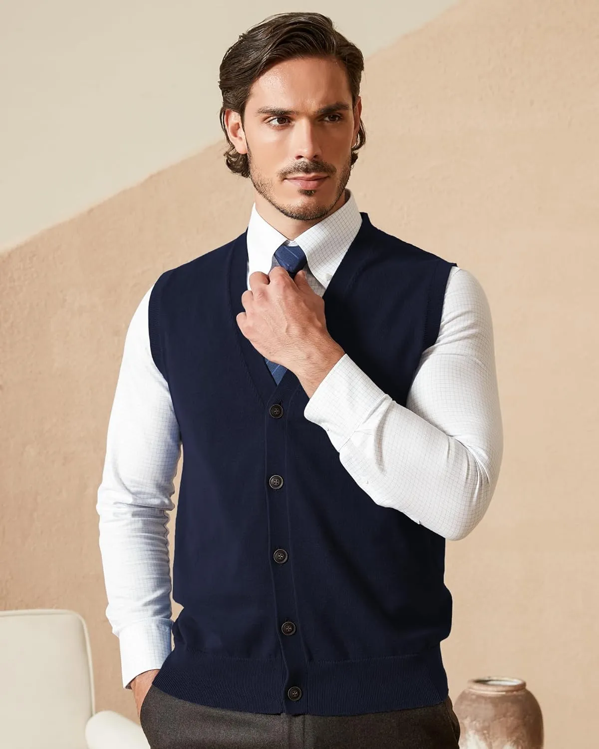 Kallspin Mens Button Down Sweater Vest Lightweight Knitted Pure Cotton V-Neck Sleeveless Cardigans