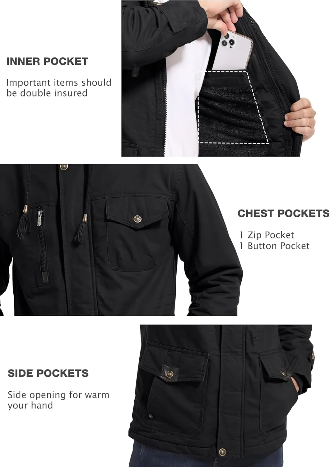 MAGCOMSEN Men's Winter Coat Military Jacket Fleece Lined Parka Cotton Cargo Jacket