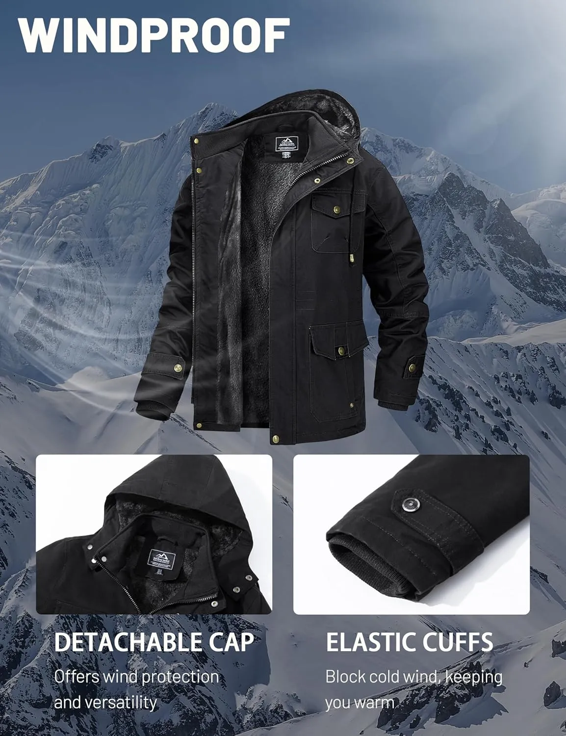 MAGCOMSEN Men's Winter Coat Military Jacket Fleece Lined Parka Cotton Cargo Jacket