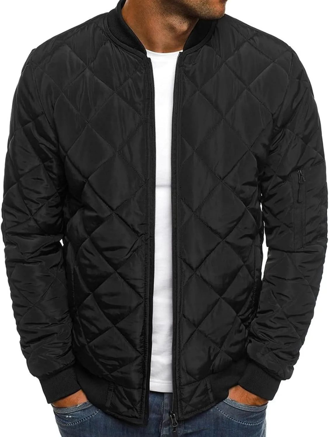 Maiyifu-GJ Men Flight Bomber Jackets Diamond Quilted Lightweight Varsity Jacket Full Zip Up Softshell Winter Warm Padded Coat