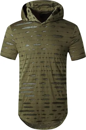 Men's Distressed Asymmetrical Tee Shirts Hip Hop Longline Pullover Hoodies Tops Gym Muscle Cut Off Short Sleeve