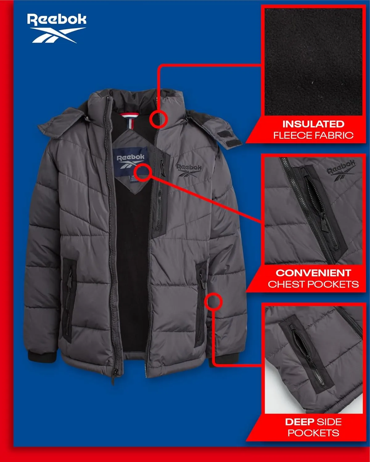 Reebok Boys' Winter Jacket - Heavyweight Quilted Puffer Parka Coat - Insulated Ski Jacket for Boys (8-20)