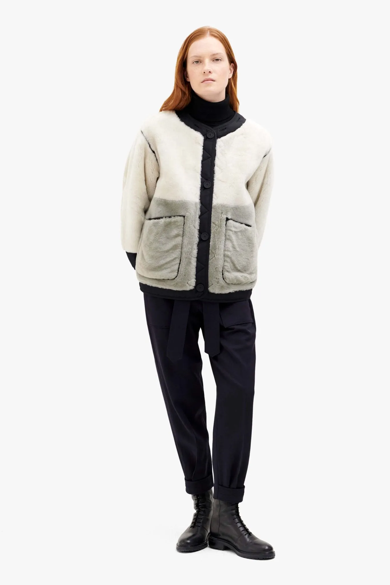 Shearling Quilt Bomber - Natural / Black