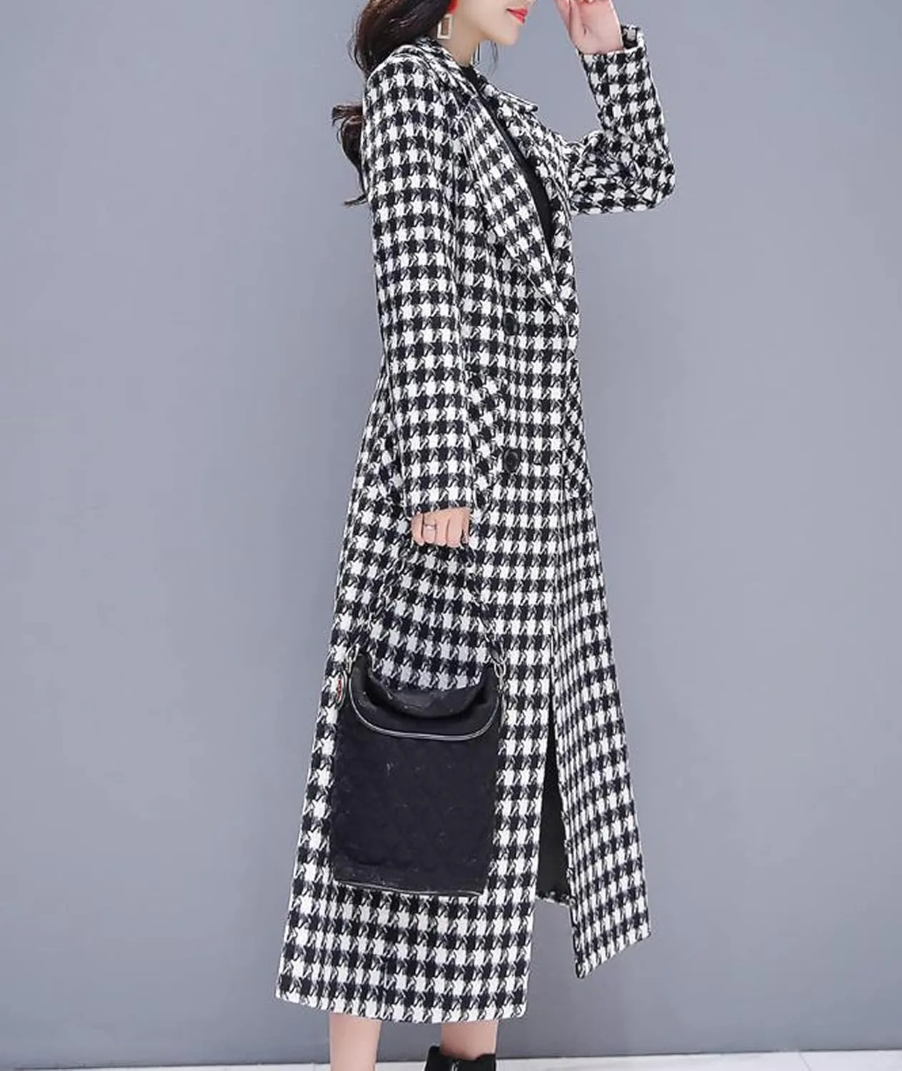 SOMTHRON Women's Houndstooth Trench Coat Notched Collar Quilted Lined Long Jacket Overcoat Pea Coat Outerwear