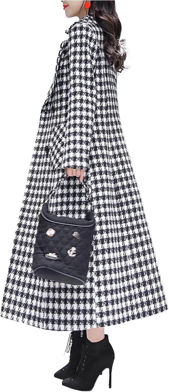 SOMTHRON Women's Houndstooth Trench Coat Notched Collar Quilted Lined Long Jacket Overcoat Pea Coat Outerwear