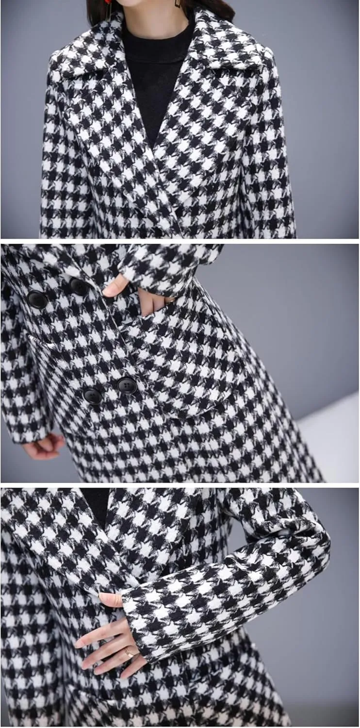 SOMTHRON Women's Houndstooth Trench Coat Notched Collar Quilted Lined Long Jacket Overcoat Pea Coat Outerwear