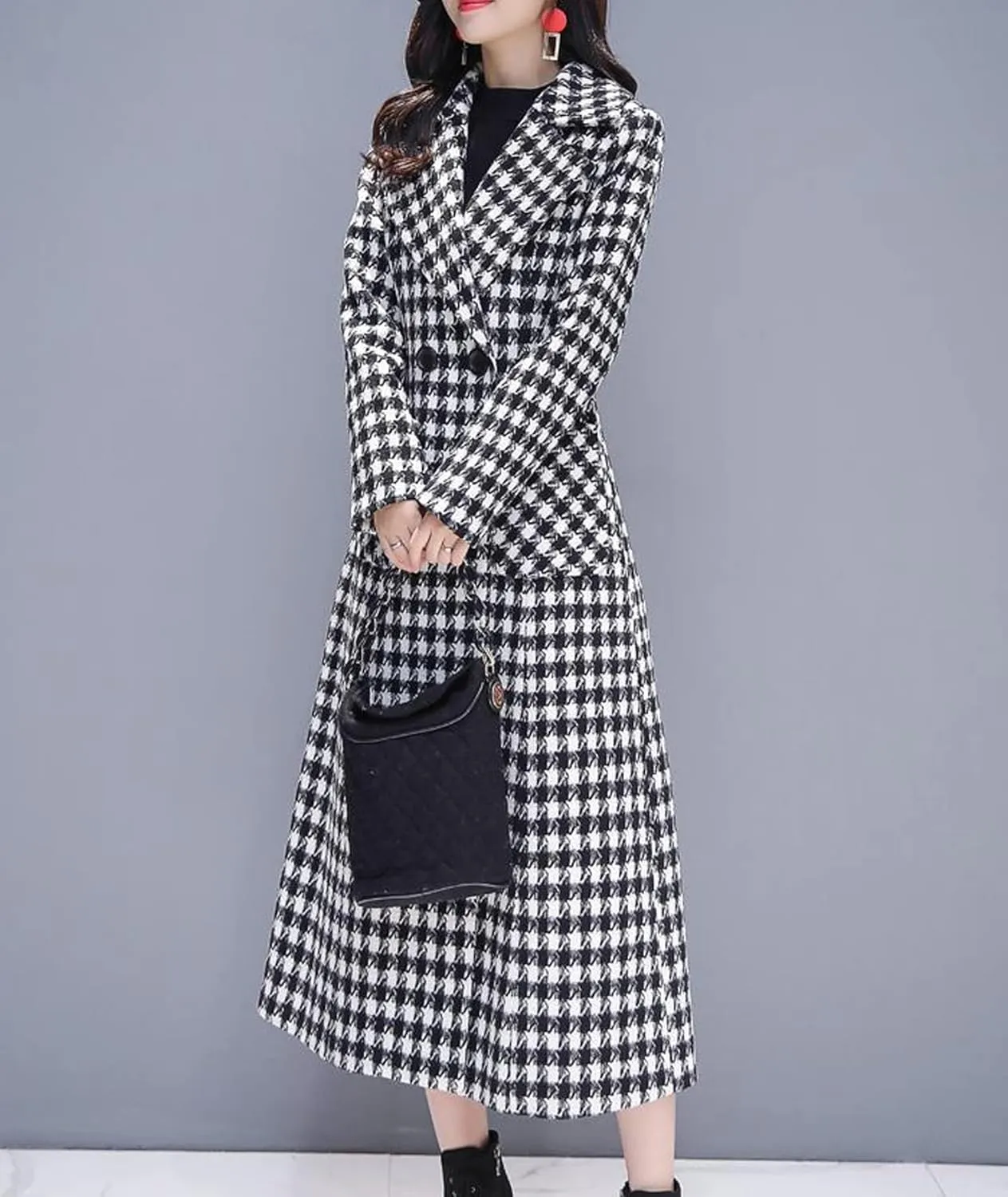 SOMTHRON Women's Houndstooth Trench Coat Notched Collar Quilted Lined Long Jacket Overcoat Pea Coat Outerwear