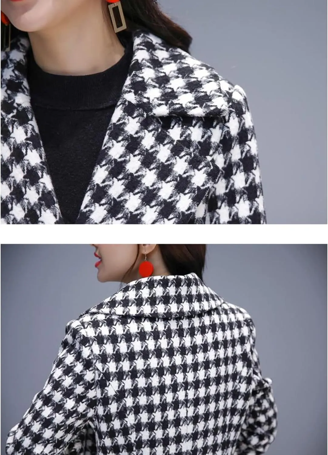 SOMTHRON Women's Houndstooth Trench Coat Notched Collar Quilted Lined Long Jacket Overcoat Pea Coat Outerwear