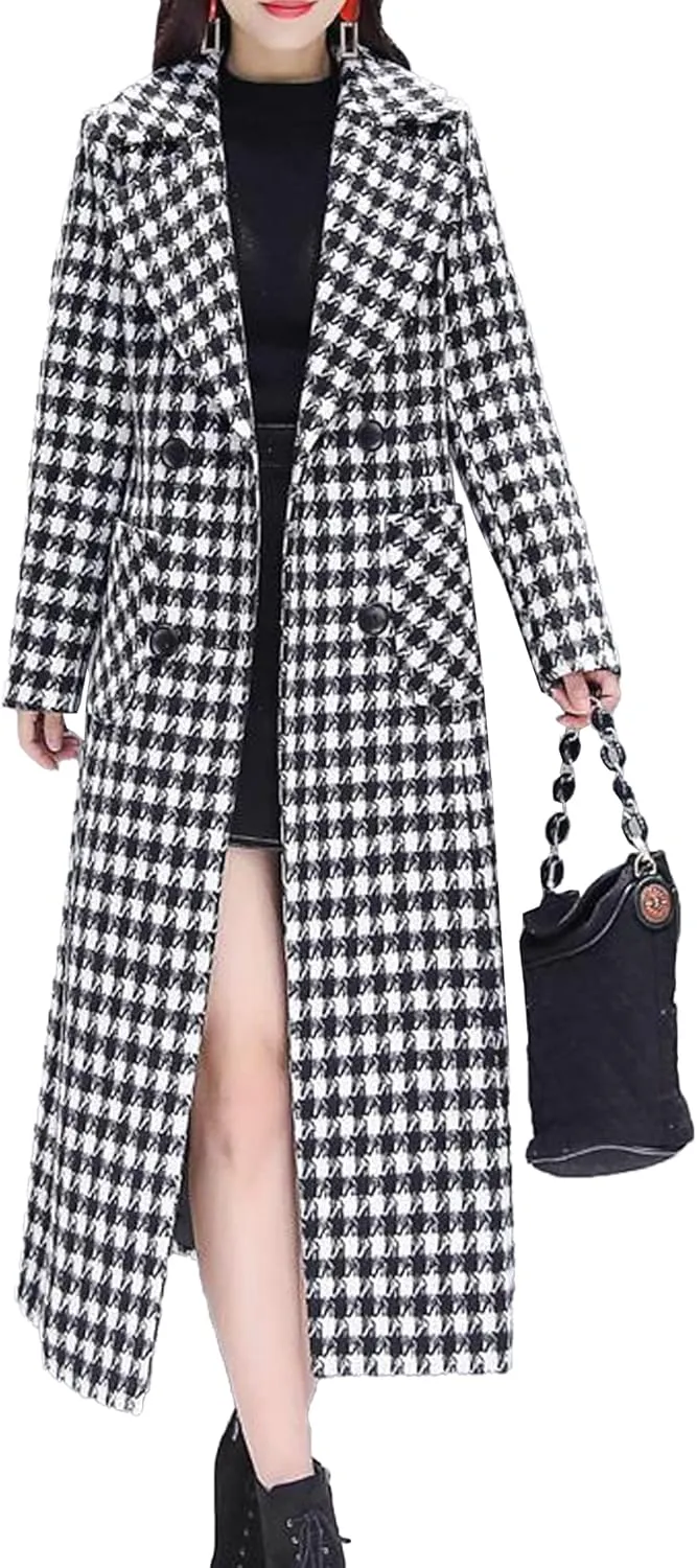 SOMTHRON Women's Houndstooth Trench Coat Notched Collar Quilted Lined Long Jacket Overcoat Pea Coat Outerwear