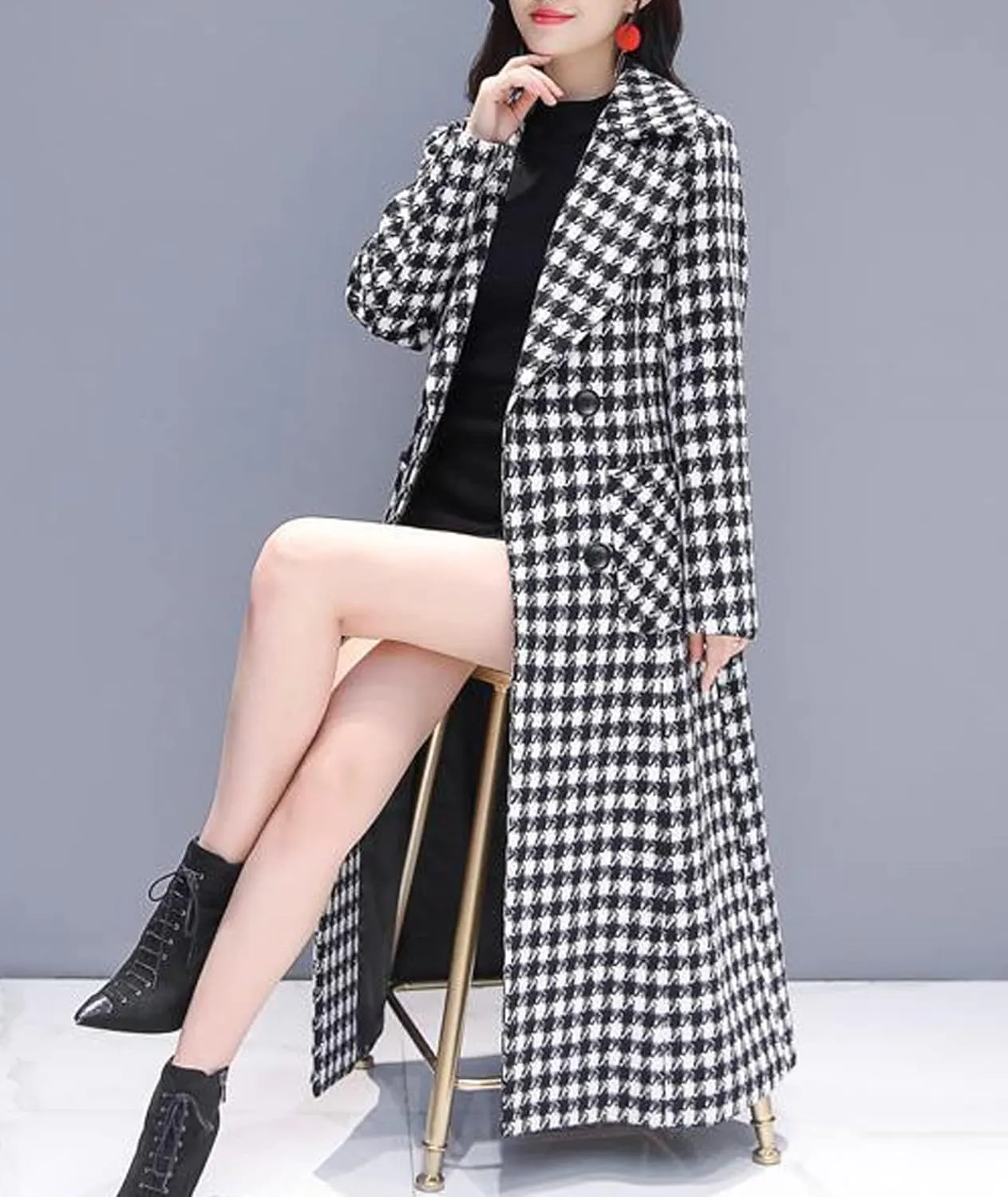 SOMTHRON Women's Houndstooth Trench Coat Notched Collar Quilted Lined Long Jacket Overcoat Pea Coat Outerwear