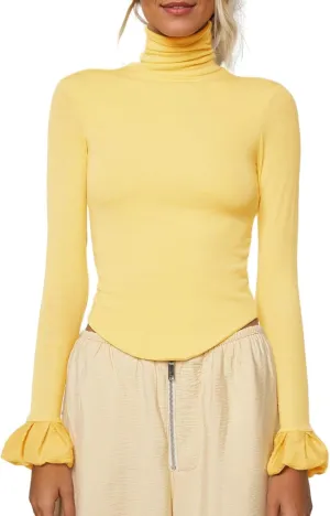 Women Y2k Turtleneck Rib Knit Top Long Sleeve Slim Fit Ruffled Cuffs Blouse Shirt Fall Aesthetic Going Out Top
