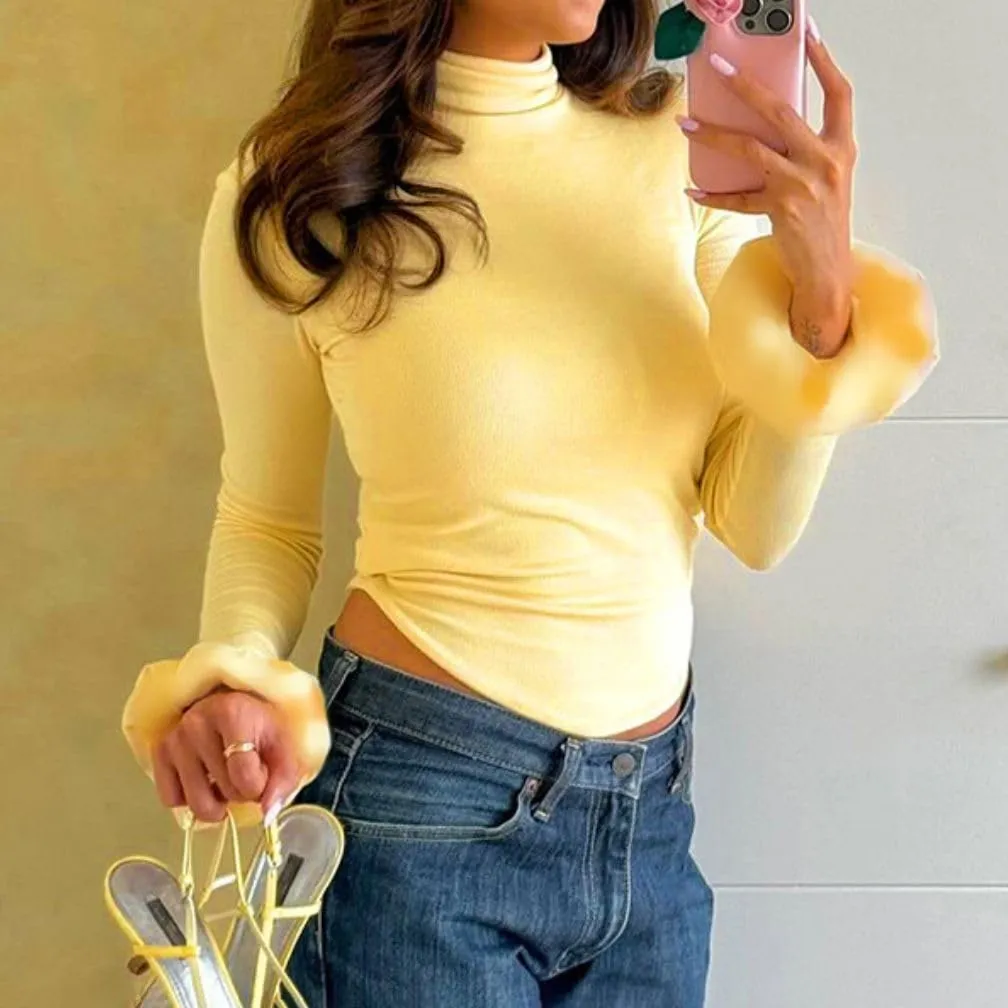 Women Y2k Turtleneck Rib Knit Top Long Sleeve Slim Fit Ruffled Cuffs Blouse Shirt Fall Aesthetic Going Out Top